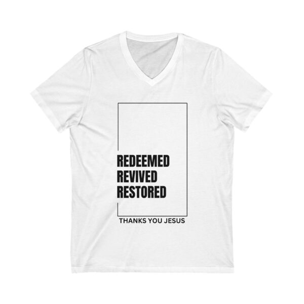Christian Inspirational V-Neck Tee - Redeemed Revived Restored